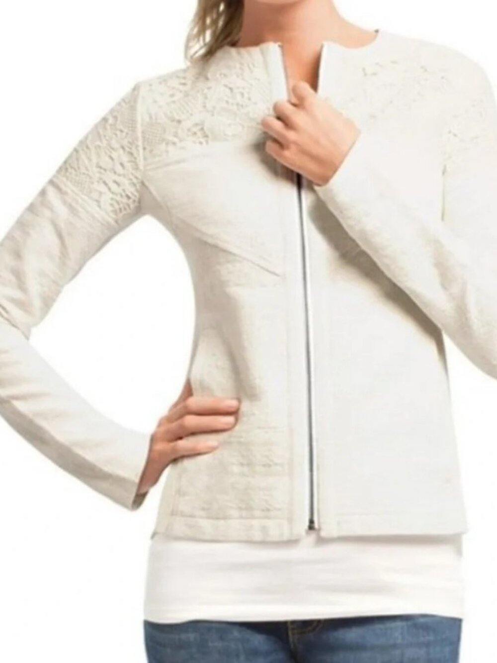 CAbi Cream Lace-Overlay Trim Zip Front Blazer Moto Jacket Medium - Picture 2 of 13